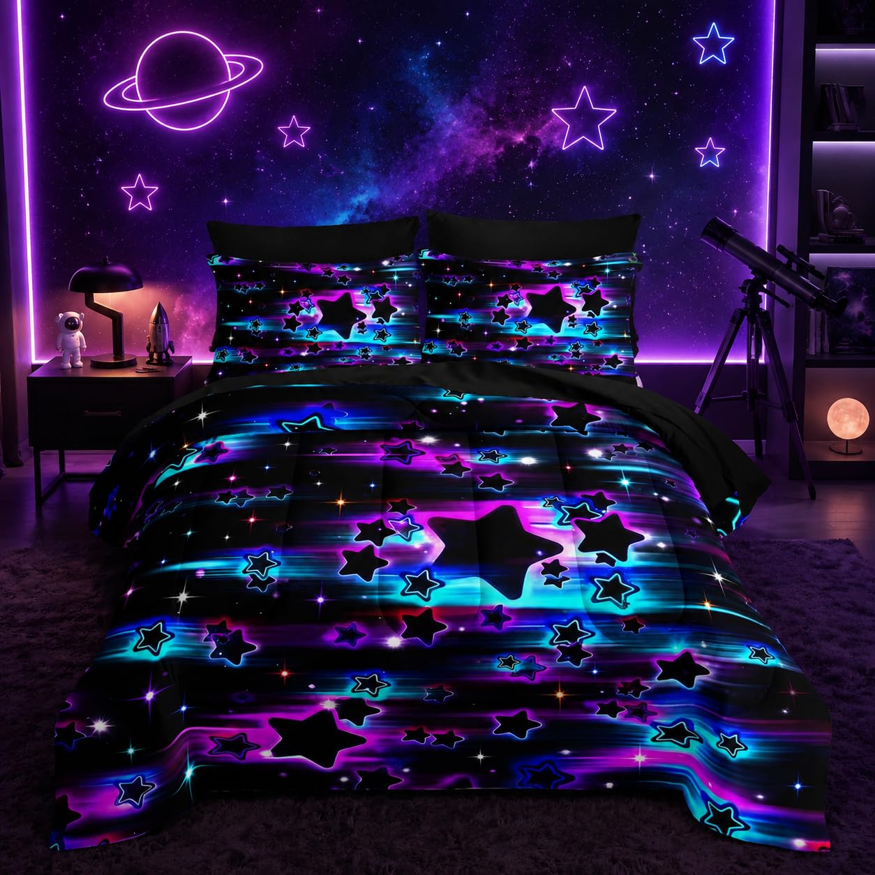 Nttopship Purple Galaxy Bedding Set Full Size 7Pieces,Star Comforter Bed in a Bag Twin Galaxy Printed Space Themed Comforter Set for Girls All Seasons with Pillowcases,Flat, Fitted Sheet