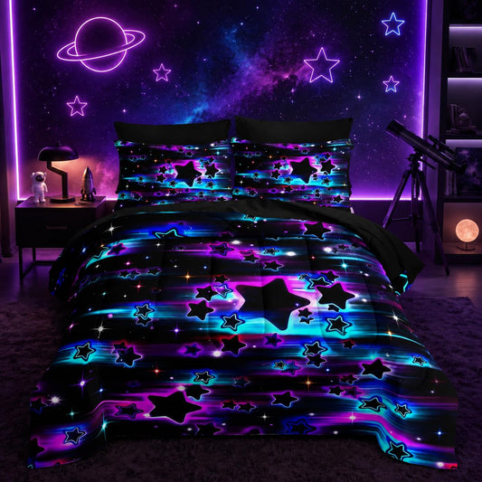 Nttopship Purple Galaxy Bedding Set Full Size 7Pieces,Star Comforter Bed in a Bag Twin Galaxy Printed Space Themed Comforter Set for Girls All Seasons with Pillowcases,Flat, Fitted Sheet