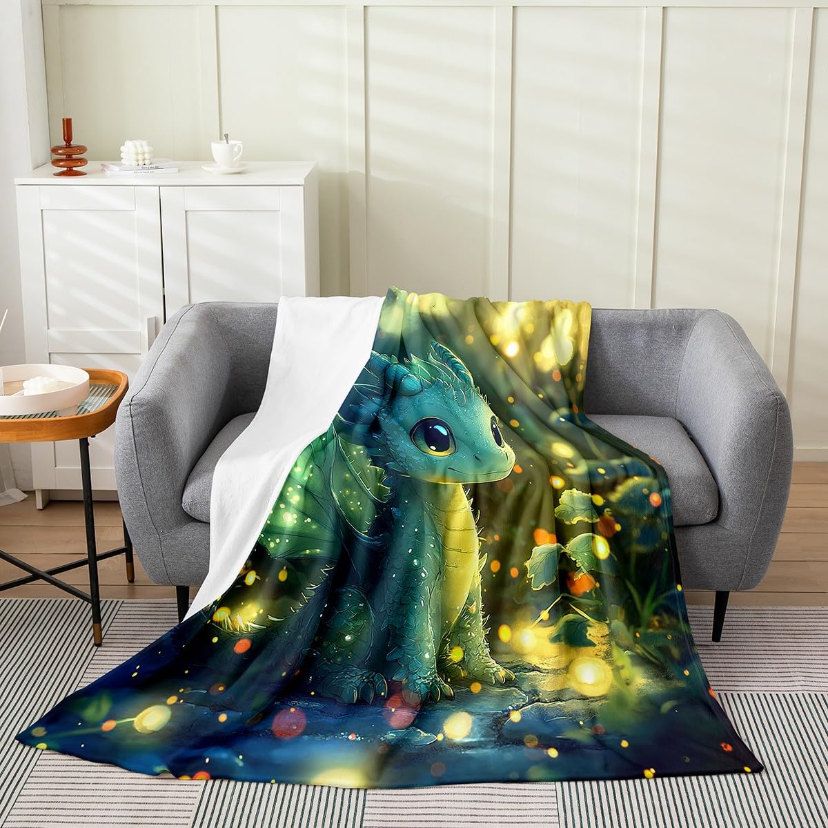 Feelyou Dragon Plush Throw Blanket Queen 90"x90" Dragon Stuff Flannel Fleece Blanket for Boys Girls Teens Kawaii All Season Bed Blanket Dragon Decor Blanket Room Decor Bright Green