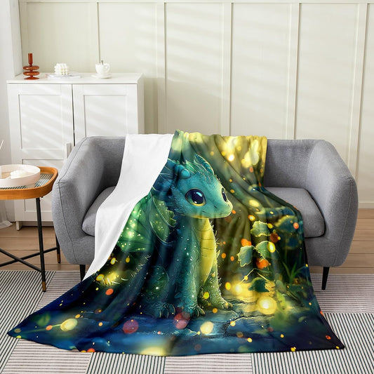 Feelyou Dragon Plush Throw Blanket Queen 90"x90" Dragon Stuff Flannel Fleece Blanket for Boys Girls Teens Kawaii All Season Bed Blanket Dragon Decor Blanket Room Decor Bright Green