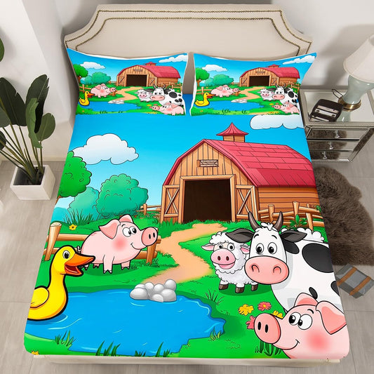 Erosebridal Cartoon Alpaca Sheet Set Cattle Cow Pig Fitted Sheet Full Size for Kids Girls Boys Children Happy Farm Animal Bedding Set Blue Sky Plant Bed Cover with 2 Pillow Cases(No Top Sheet)
