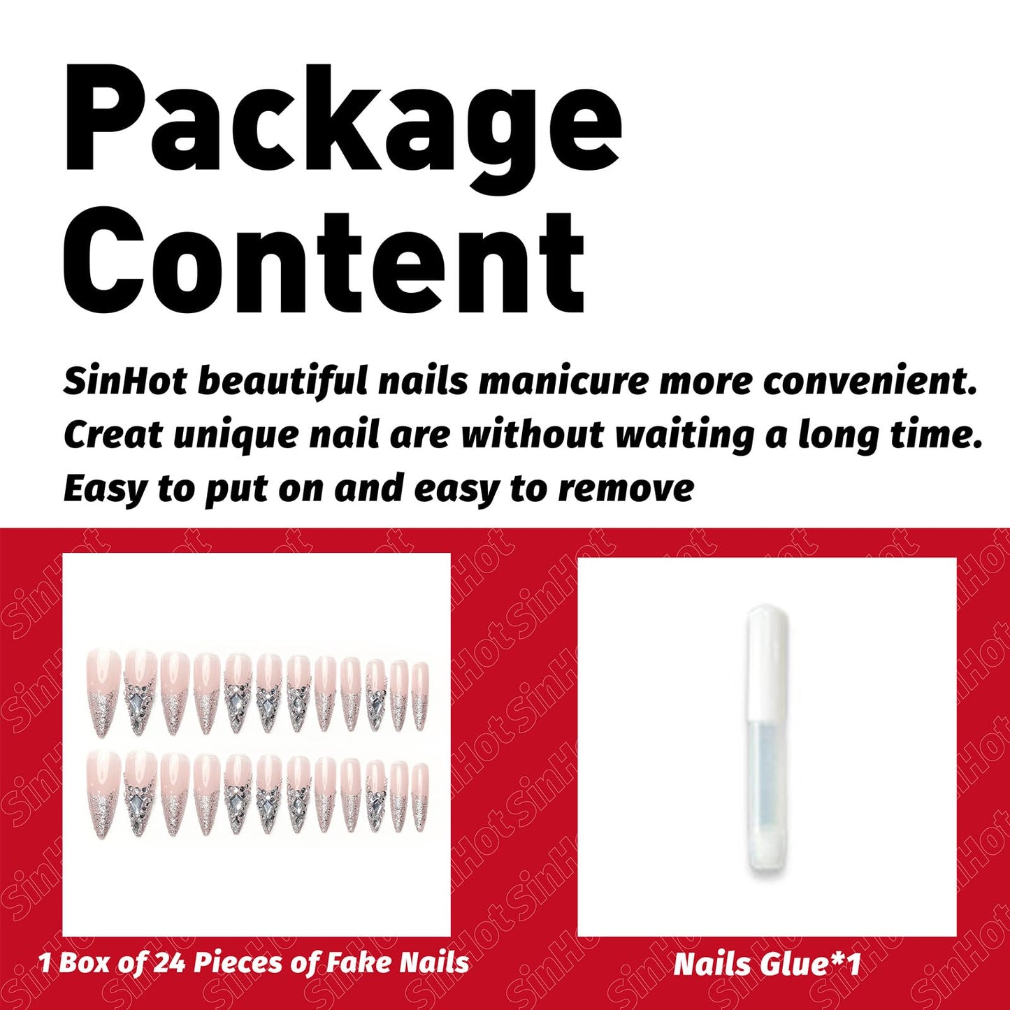 SINHOT Luxury Press on Nails - Long Stiletto Fake Nails, Glossy Finish, French Tip & 3D Rhinestones Design, DIY Artificial False Nail Art - 24 Pcs Nail Kit with Glue
