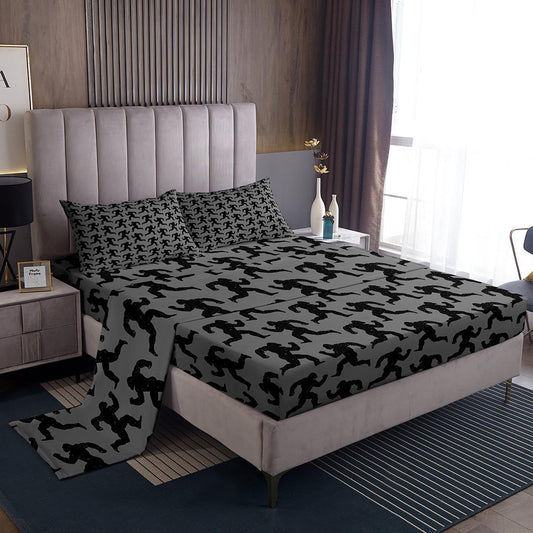 Feelyou Foot Print Sasquatch Bedding Set Twin Size for Men Women Teens Kids Orangutan Hunting Vintage Bed Sheets Boys Hunter Grey Black Fitted Sheet Set Wild Home Decor