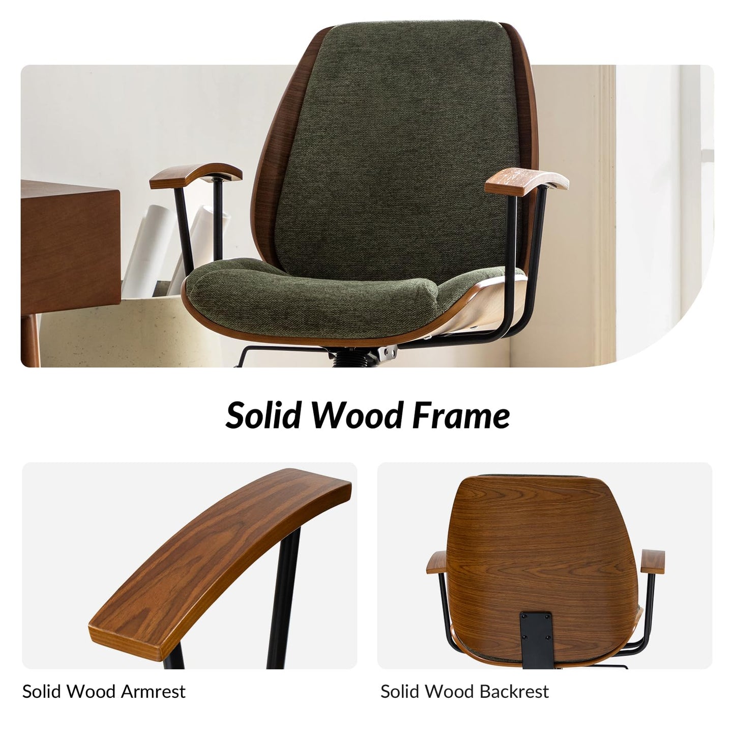 HULALA HOME Solid Wood Office Chair with Rocking Function, Comfy Fabric Desk Chair with Bent Wood and Metal Base, Height Adjustable Swivel Computer Task Chair, Green