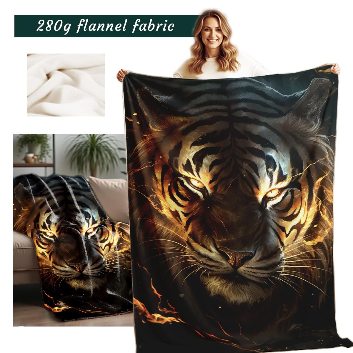 HUNXIAOJ Printed Bed Blanket Black and Gold Animal Throw Tiger Flannel Blankets Queen Size Blankets for Men Boy Bed Sofa Office Chair Blanket (59"x78")