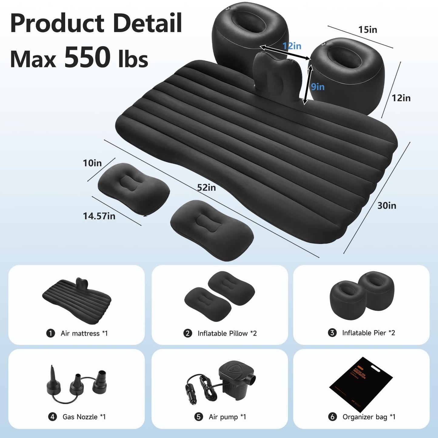BEBAS Car Air Mattress, Thickened Inflatable Car Bed with Safety Side Wedge, Built-in Air Pump & 4 Pillows – Portable Foldable Back Seat Sleeping Pad for SUVs, Sedans, Travel & Camping | Black