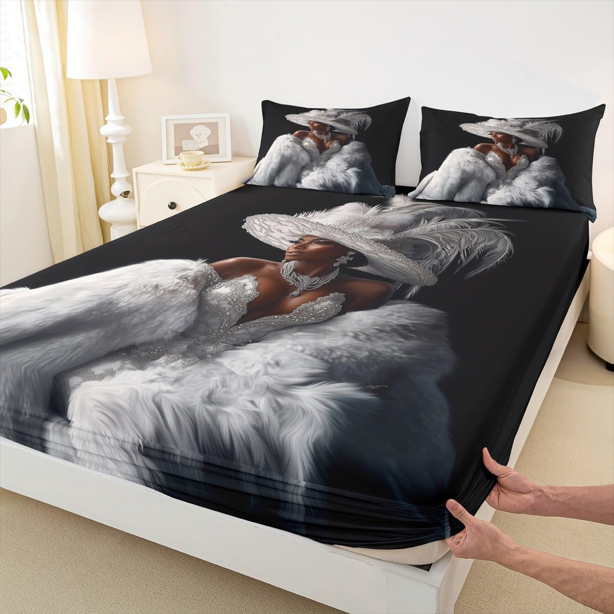 Erosebridal Black Girl Bed Sheets King Size Modern Trendy Grey Silver Sheet Set for Girls Teens Women African American Fashion Dress Bedding Set Diamond Print Aesthetic Elegant Sheets