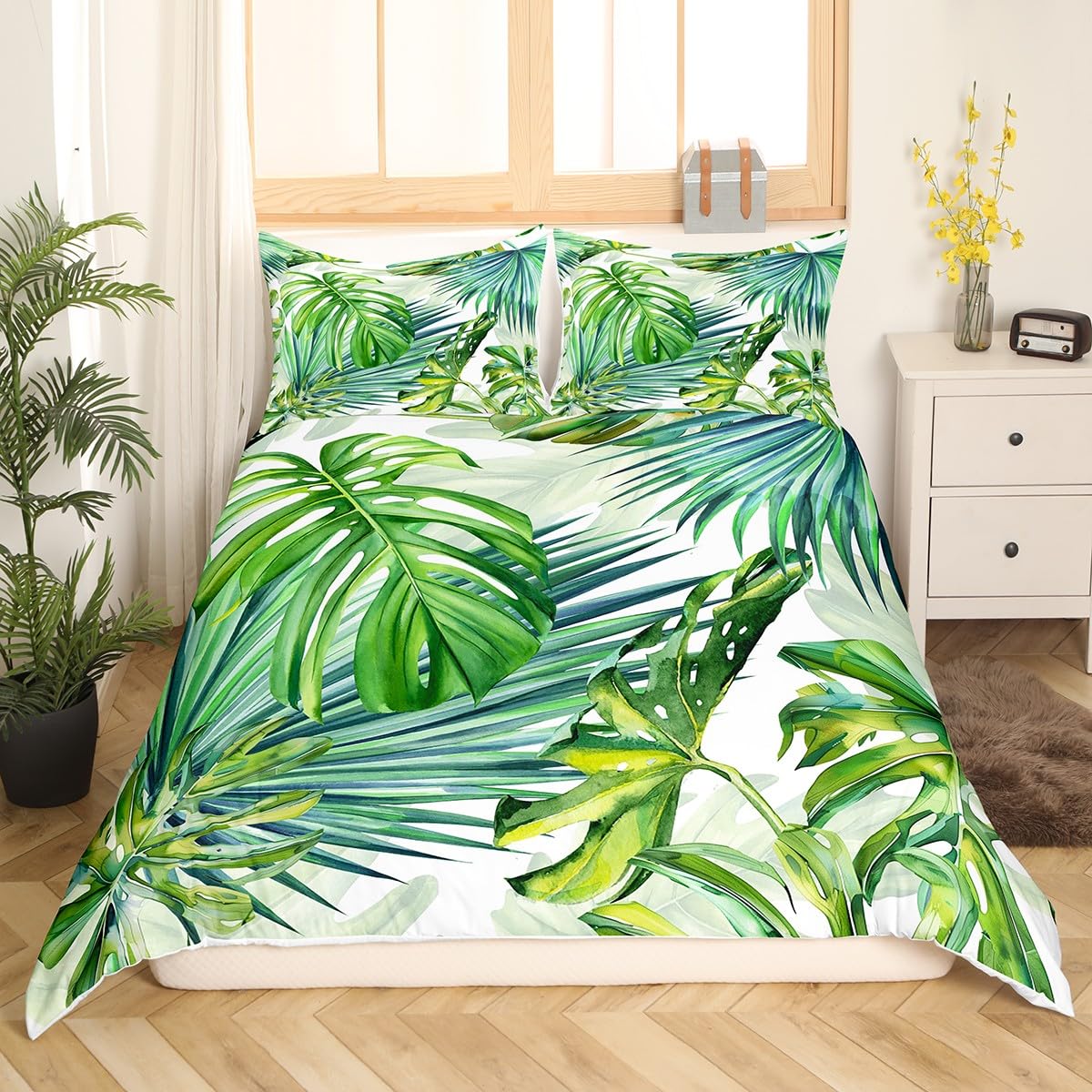Erosebridal Tropical Bedding Tree Duvet Cover Set King Size Green Plant Palm Leaves Comforter Cover 3PC Jungle Botanical Leaf Duvet Cover+ 2 Pillow Shams for Kids Adult Room Decor