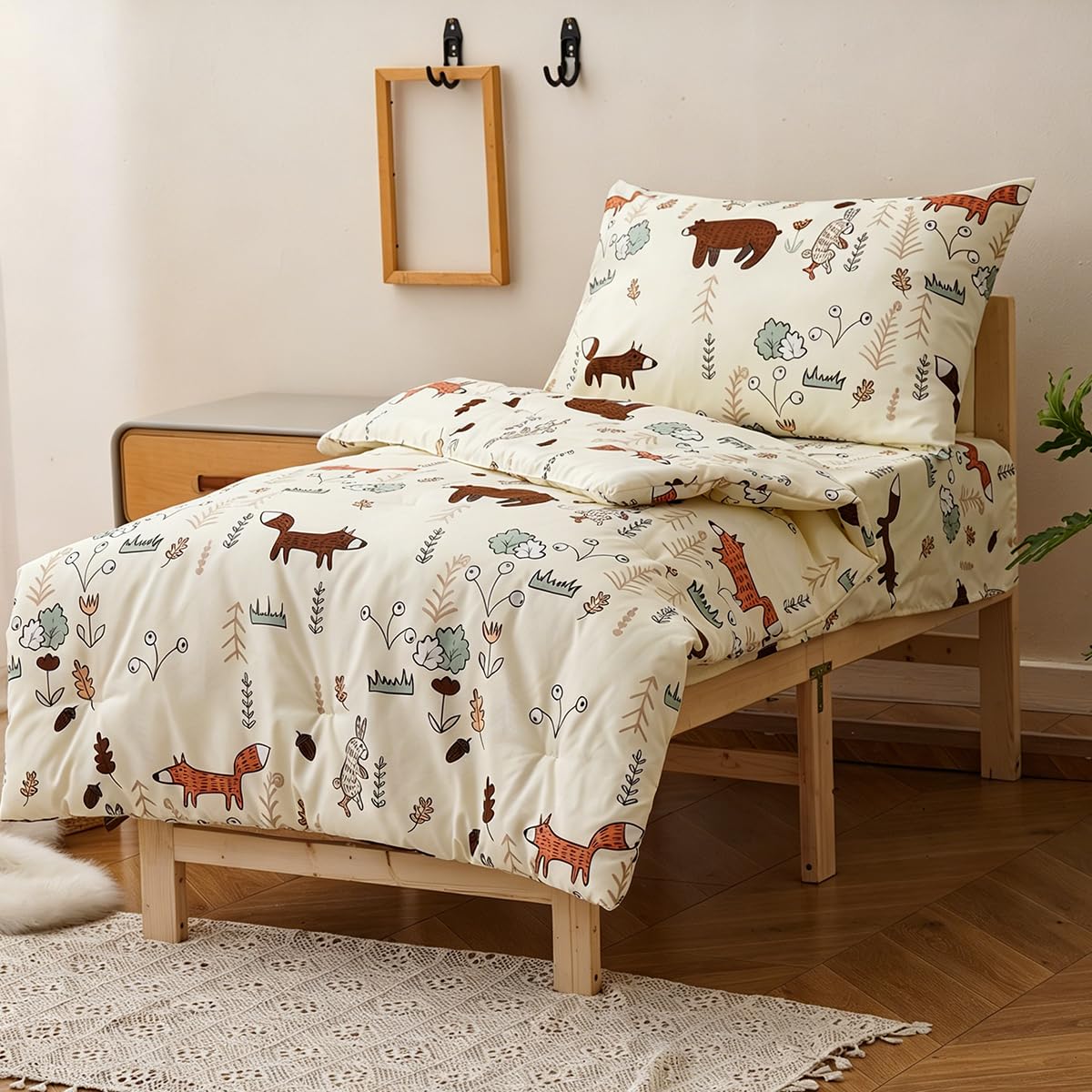 KAREVER Cartoon Toddler Bedding Set Bear Fox 4 Pieces Crib Bed Set Kids Cream Yellow Animal Print Comforter Set