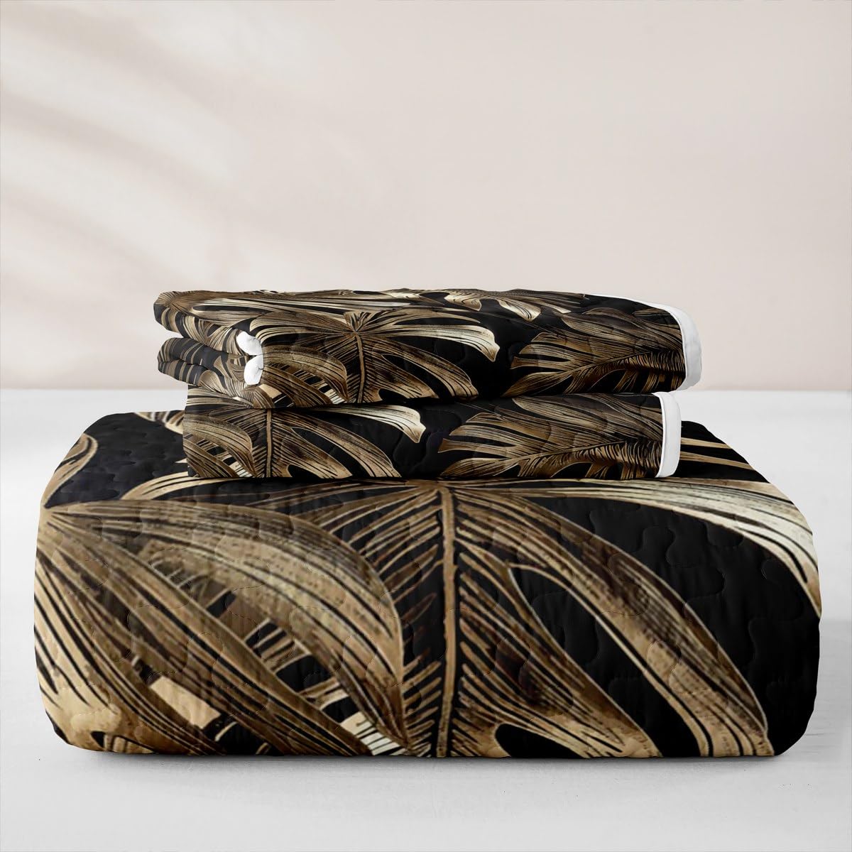 Erosebridal Palm Leaves Quilt Set Plant Branches Quilt Twin Hawaiian Tropical Theme Quilted Bedspread Black Gold Bedding Coverlet with 1 Pillowcase