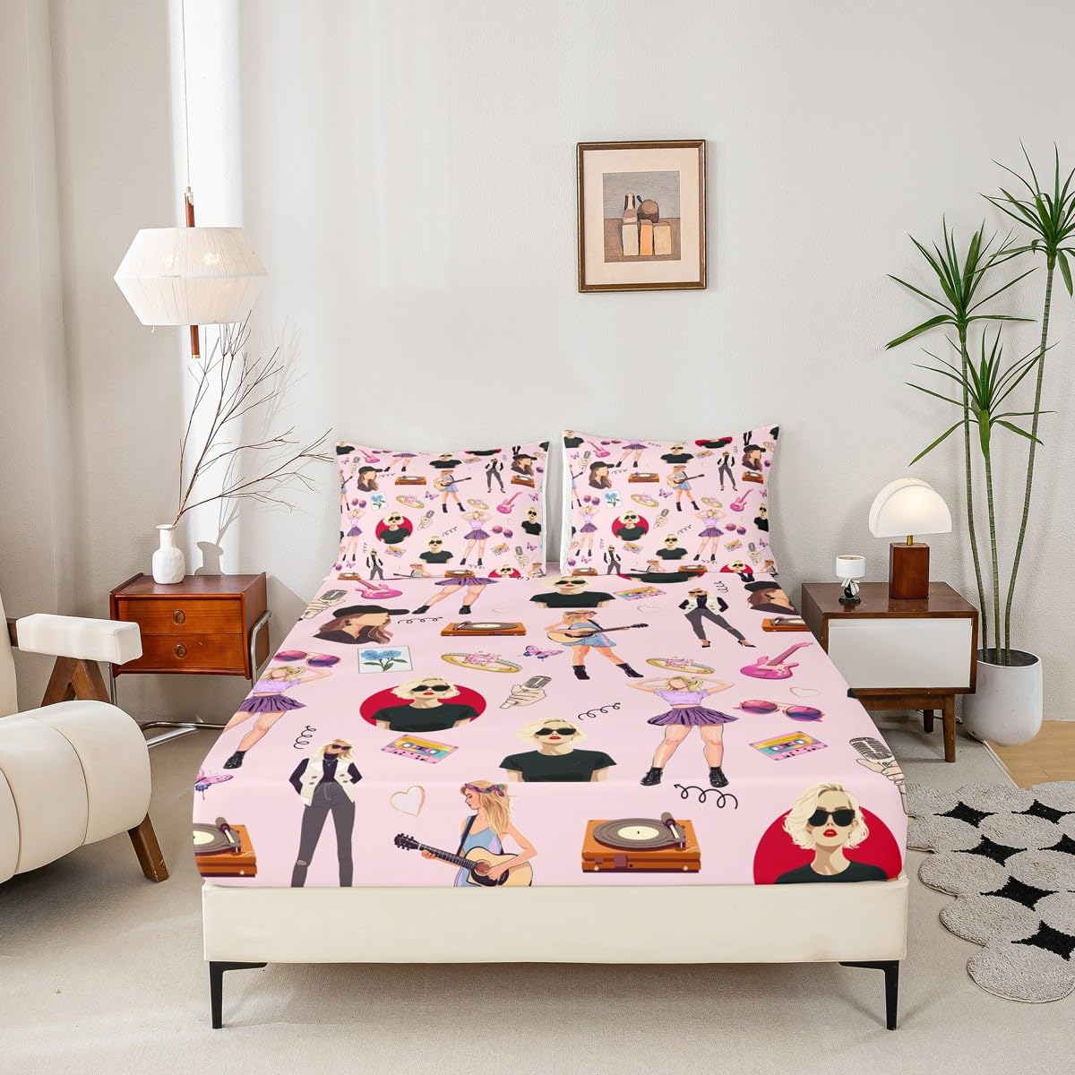 jejeloiu Music Bedding Set Full Size Girls Singer Bed Cover Gifts for Women Music Lovers Girly Guitar Bed Sheets Coworker Sister Friends Deep Pocket Fitted Sheet Pink Room Decor (No Top Sheet)