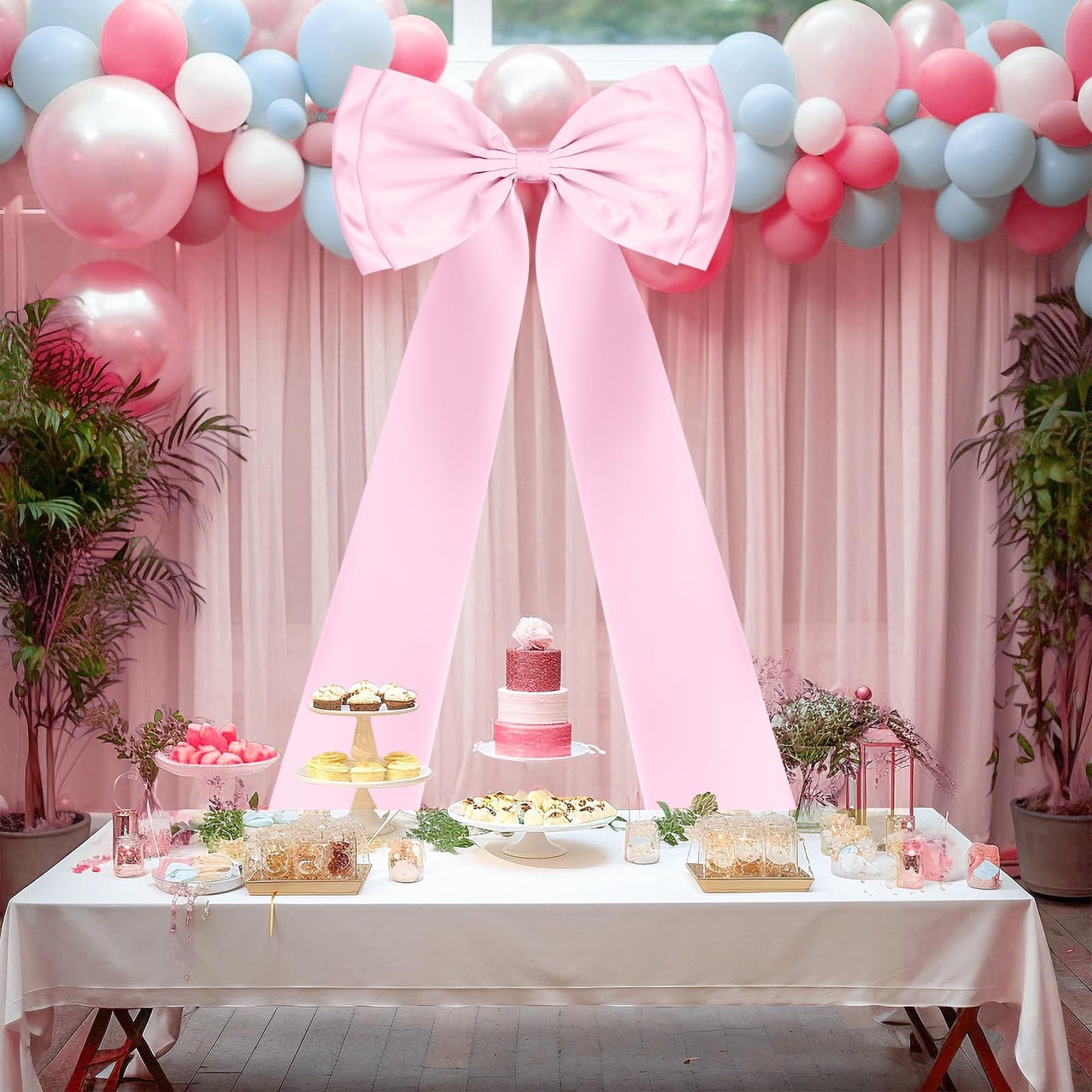 FUANGUI Valentine's Day Giant Bow Decoration, Pink Big Bow for Backdrop 75x18 Inch, Coquette Birthday Wall Room Home Decor, Large Satin for Wedding Engagement Bachelorette Baby Shower Bridal Christmas
