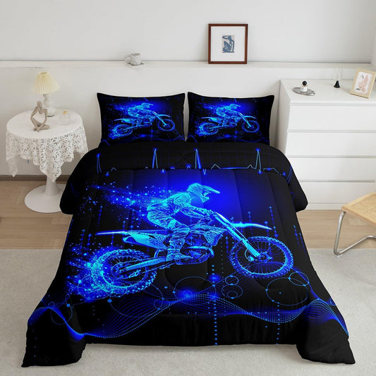 Feelyou Kids Blue Dirt Bike Bedding Set Twin Size, Racing Motocross Comforter Set Boys Girls Motorcycle Comforter Extreme Sports Teens Duvet Set Bedroom Decor with 1 Pillow Case