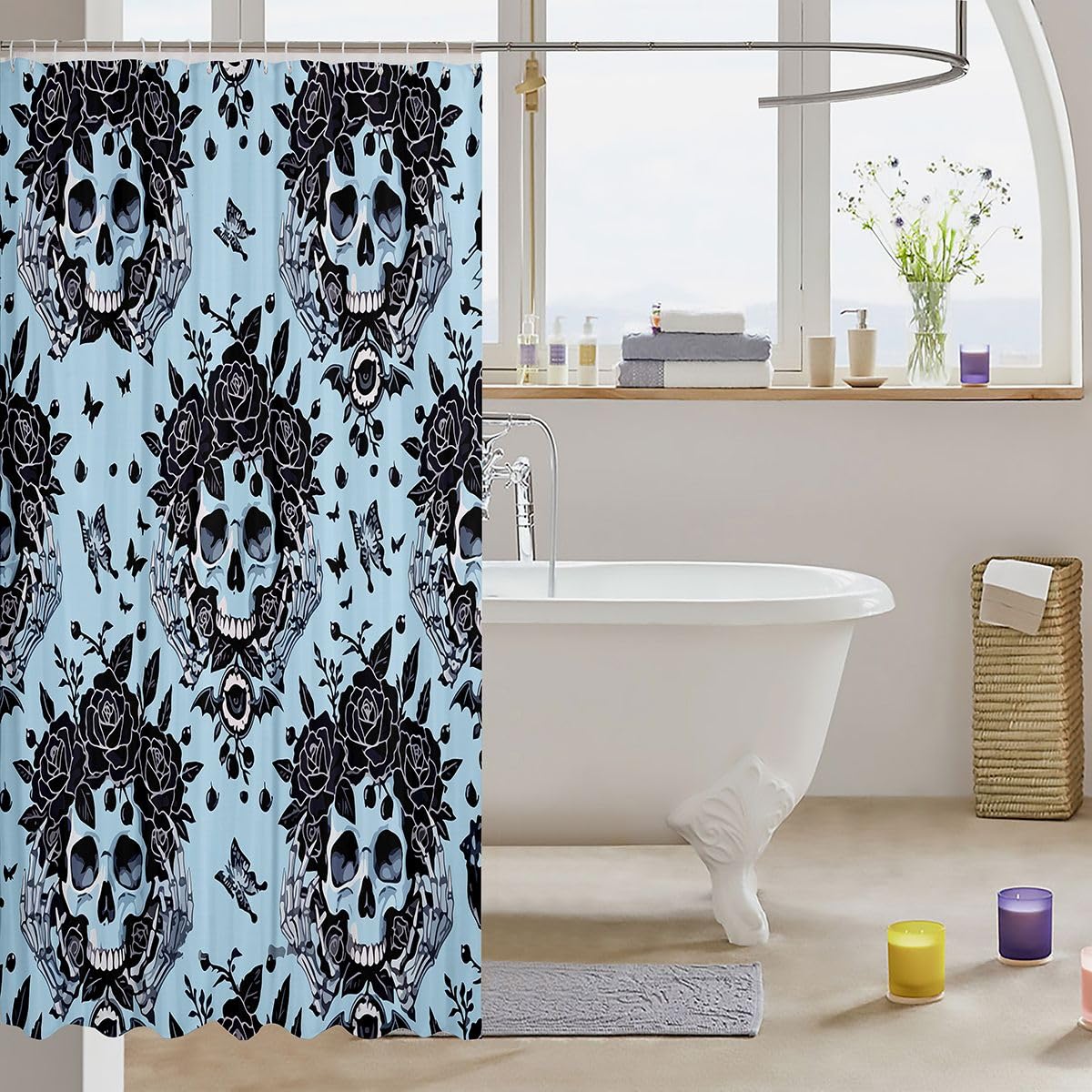 Erosebridal Goth Skull Shower Curtain Gothic Rose Bath Curtain Kids Adults Artistic Black Butterfly Bathroom Accessories Halloween Skeleton Hands Fabric Shower Curtains 72" Wx78 L