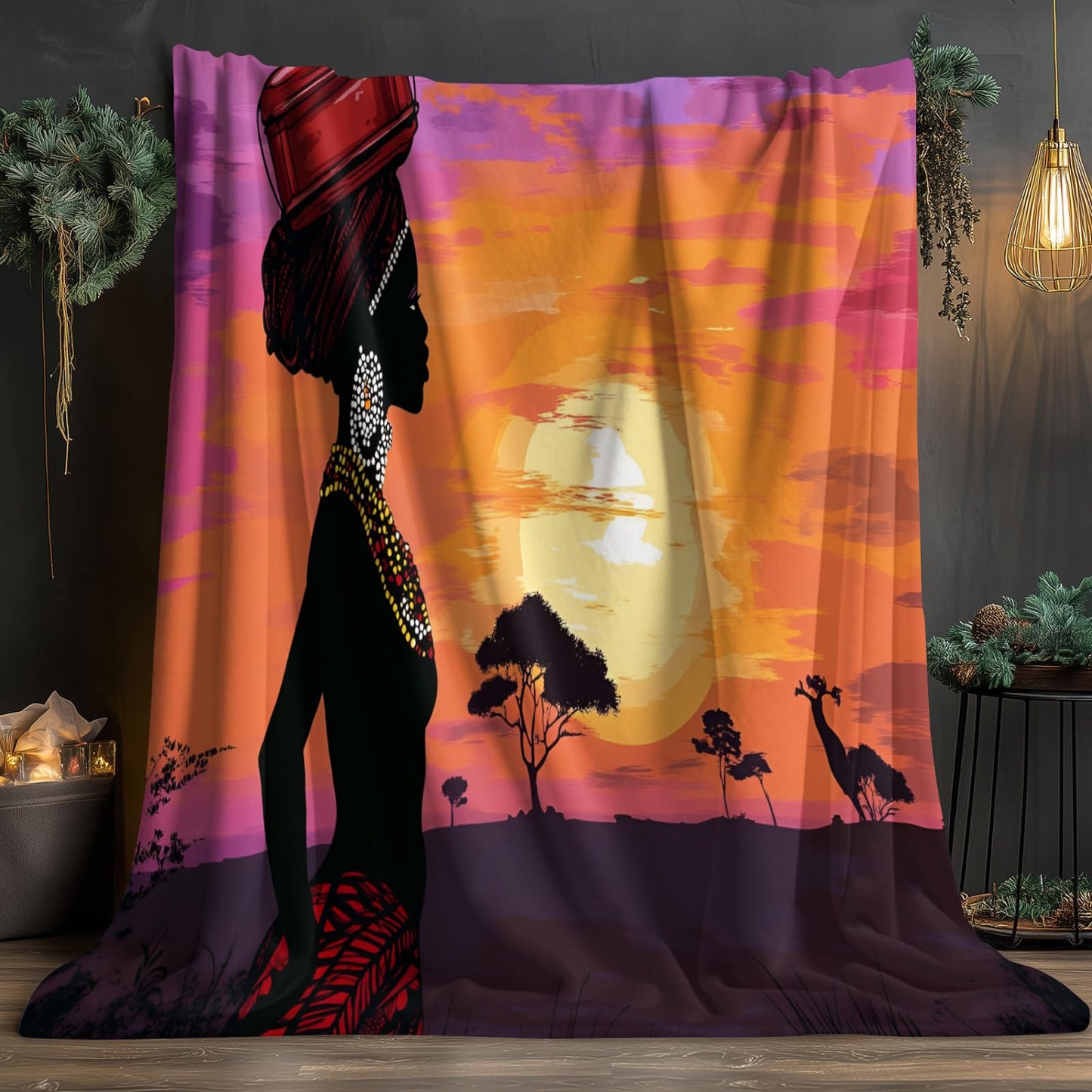African Blankets & Throws, African Woman Throw Blanket for Couch Bed Sofa, Sunset Throws and Blankets - Super Soft Cozy Plush Flannel Blanket & Gifts, 40x50
