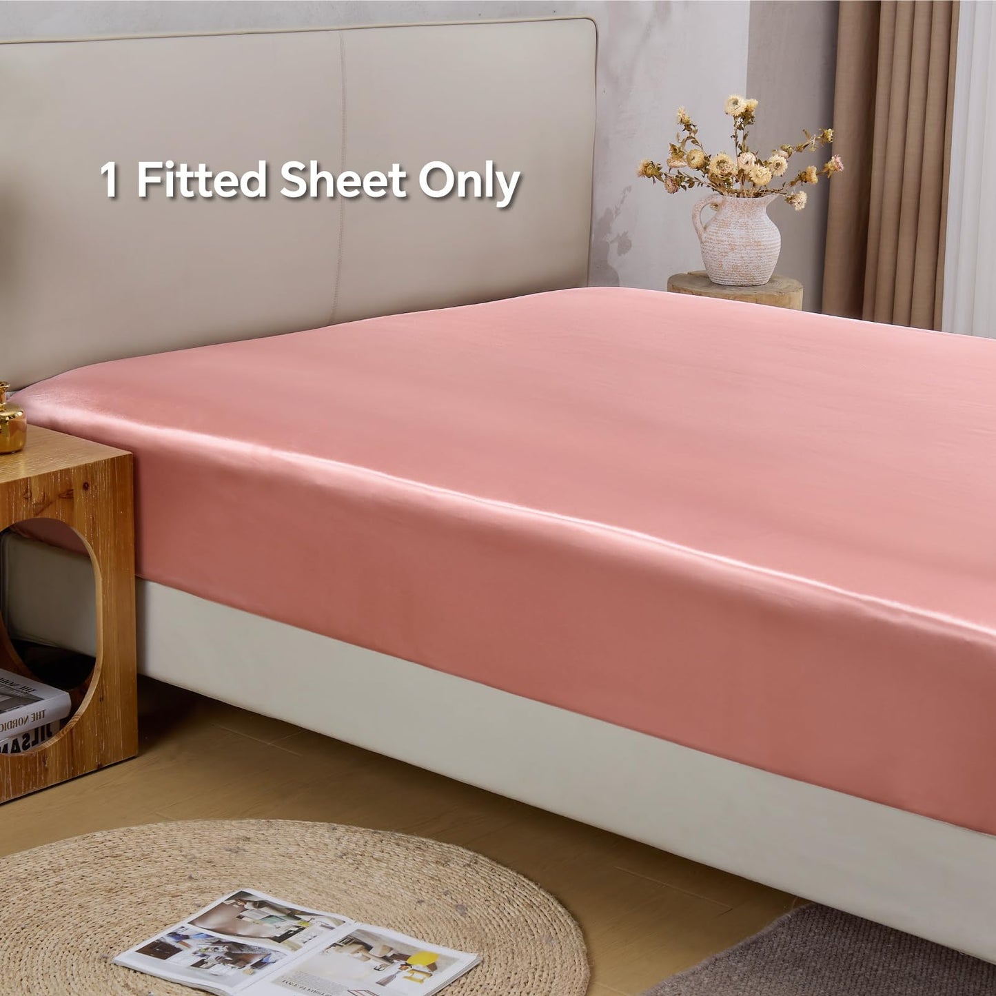 BEDELITE Satin Fitted Sheet Queen with Elastic Corner Straps, Luxury Soft Silk-Like Bed Sheet for Hair & Skin, 1 Deep Pocket Fitted Sheet Only Fits 15" Mattress, Fade & Wrinkle Resistant, Rose Pink
