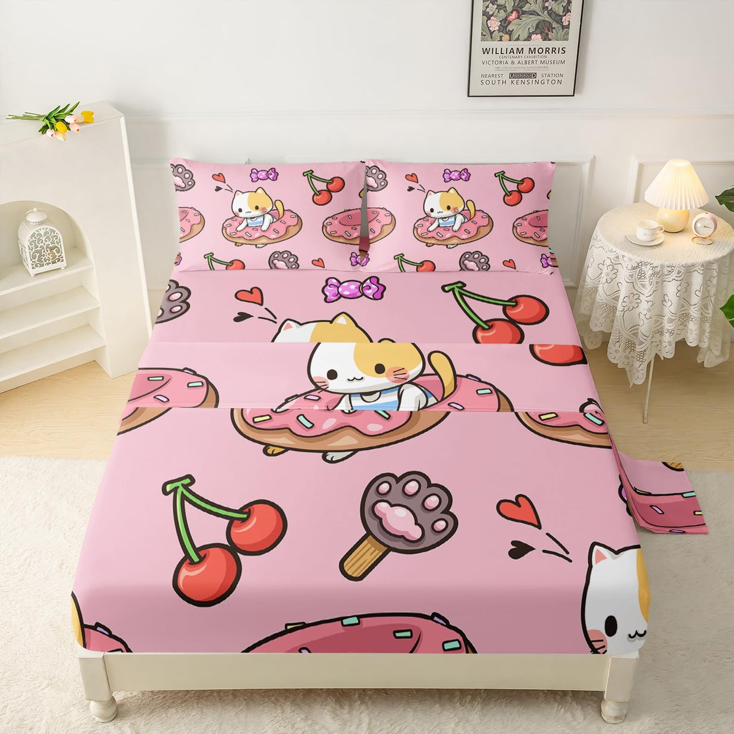 QOOMO Kawaii Cat Sheet Set,Doughnut Kids Bed Sheets,Cherry Printed 16" Deep Pocket Bed Sheet Set for Girls/Kids/Teens，4 Piece Sheet Set, 1 Fitted Sheet,1 Flat Sheet and 2 Pillowcases，Twin Size