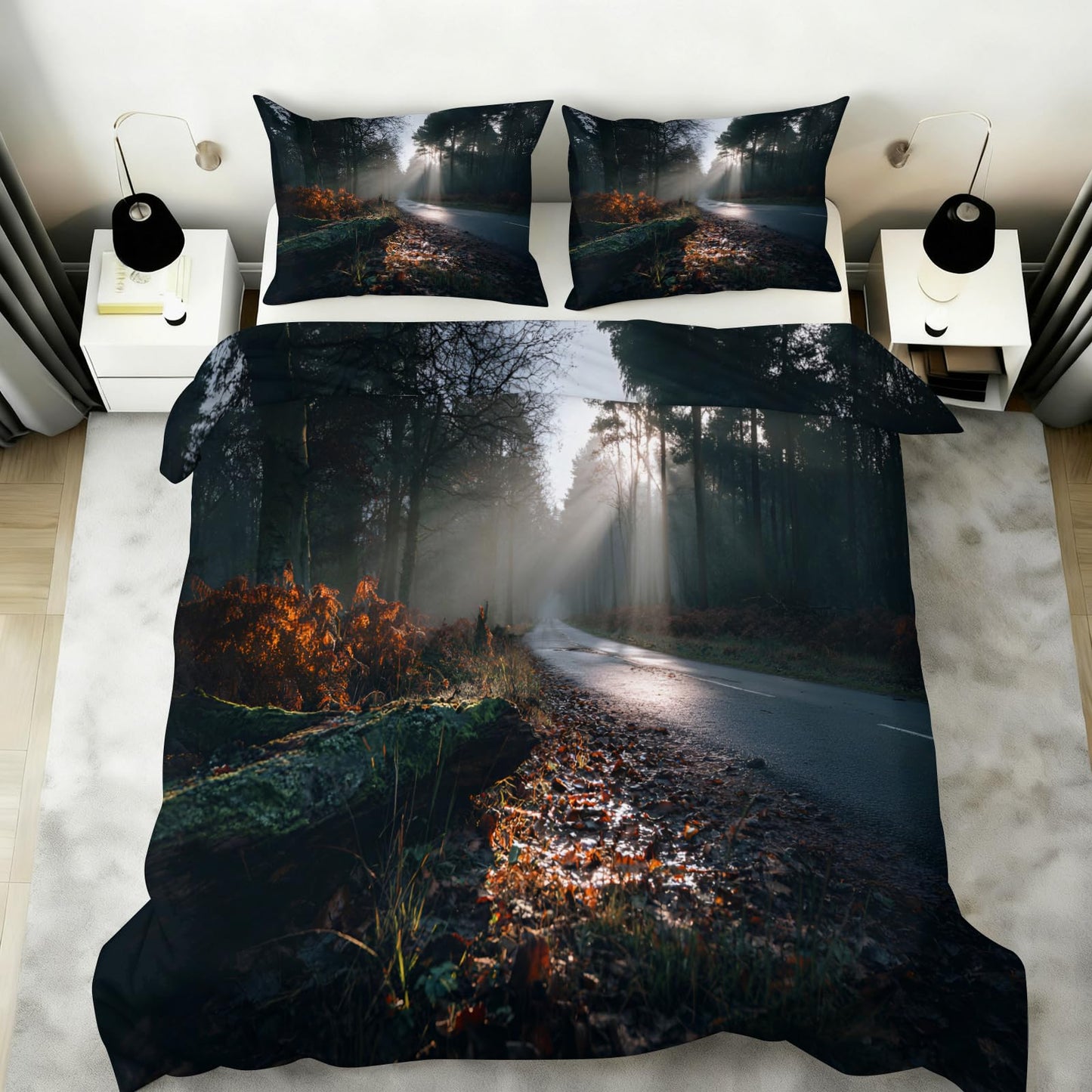 Forest Duvet Cover 80" x 90", Sunshine Forest Bedding Set, Dark Natural Landscape Comforter Cover with Zipper Ties