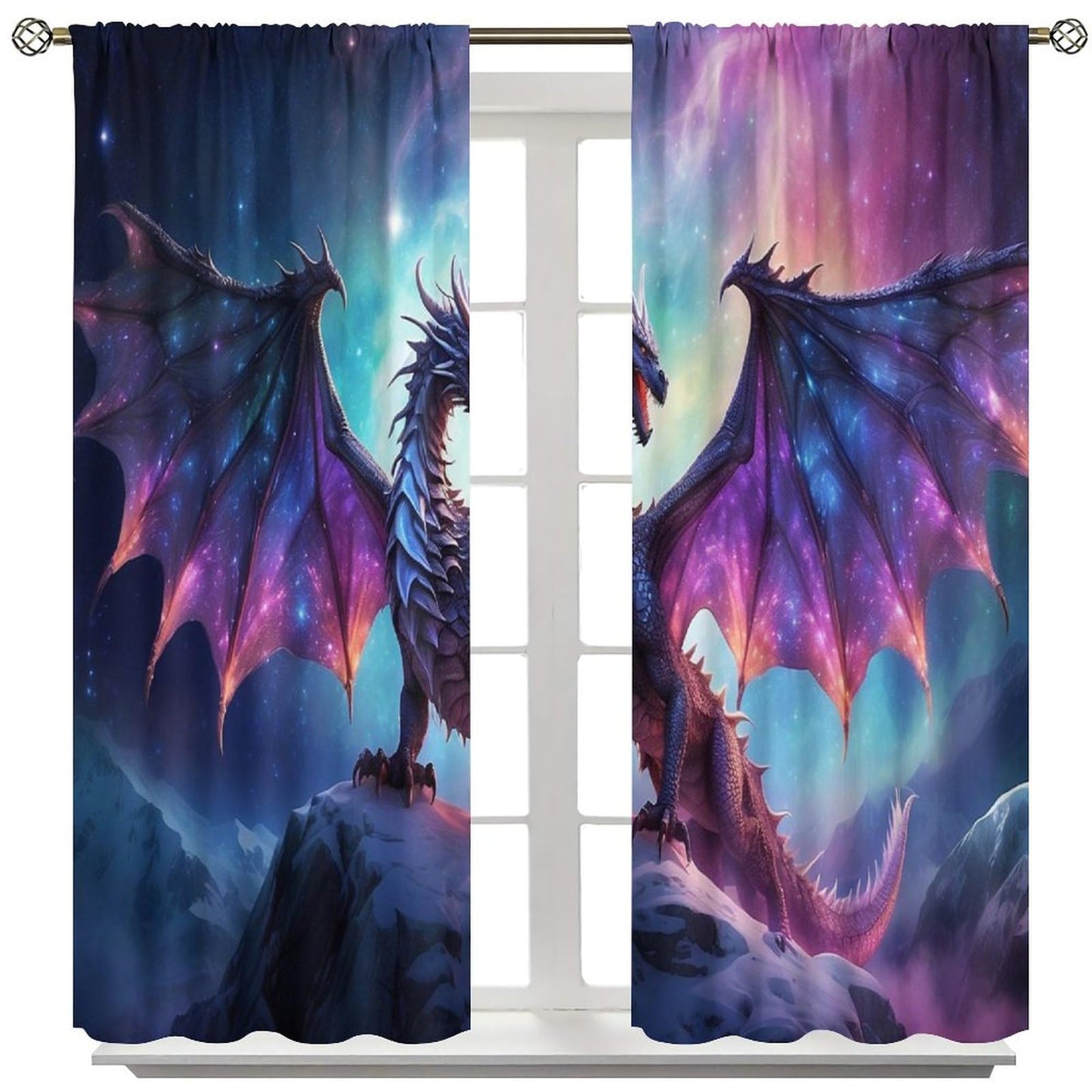 Fantasy Dragon Curtains for Bedroom,Mystic Magic Star Epic Adventure Fantasy Wings Fire-Breathing Dragon Animals Dragon Window Drapes Print for Kids Boys Girls Living Room 42x45in (No Blackout)