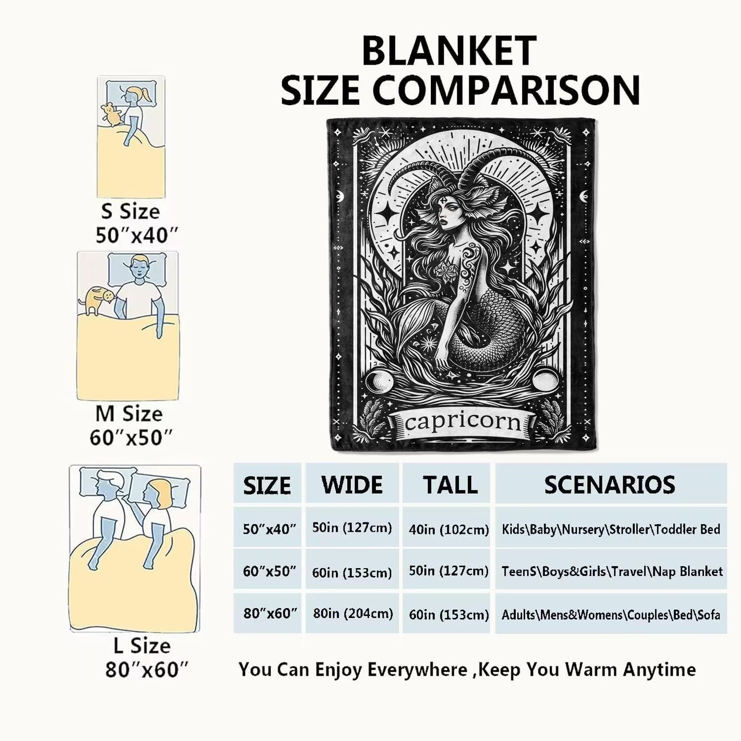 VODRM Capricorn Zodiac Blanket Astrology Throw Blankets,Birthday Gifts for Kids Adult & Wildlife Lovers,Lightweight Soft Fleece,for Sofa Couch Bed Room Mystical Artistic Decor 50x60in