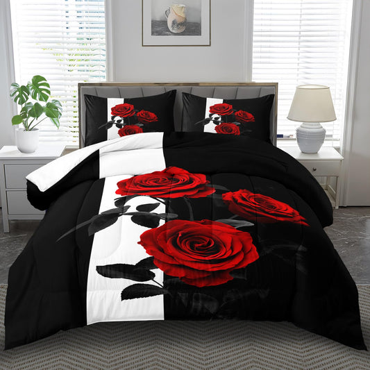 llyxsesty Rose Stripes Comforter Set Queen,Black and White Bedding Set Queen,Black Comforter Vintage Floral Quilt for Women,Mid Century Modern Bedding for Adults,Stripe Bedding Women Bedroom Decor
