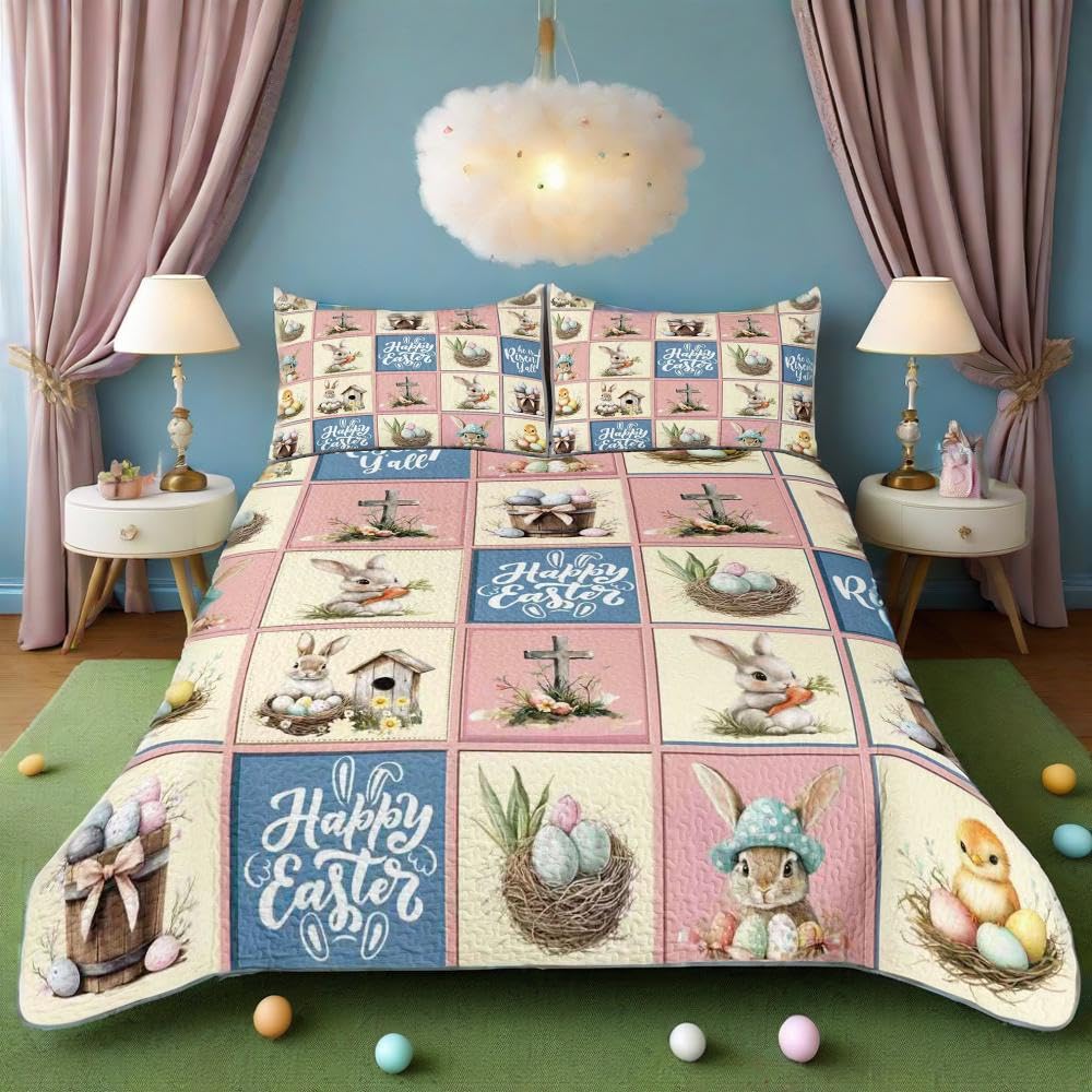 WHWODIDE Happy Easter Patchwork Quilt Set King Pink 3 Pcs Bunny Rabbit Eggs Checkered Bedspread Comforter Soft Lightweight Bedding Set Birthday Gift for Home Decor (Easter Pink Blue, King)