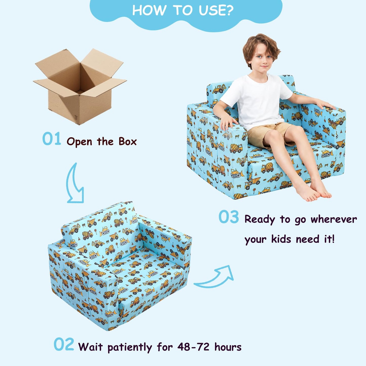 Viviland Toddler Chair, 2-in-1 Kids Couch Bed, Toddler Chairs Comfy 1-3 Years Old Fold Out Convertible Soft to Lounger, Blue Excavator Truck Baby Couch