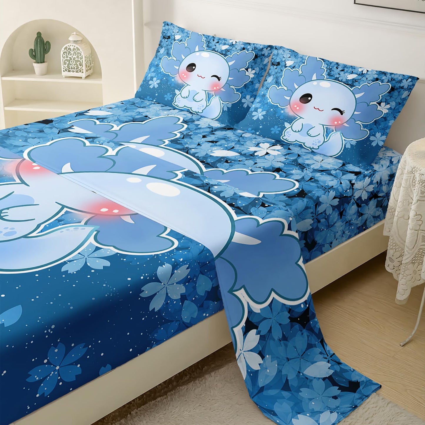 QOOMO Kawaii Axolotl Kids Sheet Set Queen Size,Cherry Print Bedding Set Lightweight All Seasons,Blue Sets for Room Decoration,1 Fitted Sheet,1 Flat Sheet,2 Pillow Cases