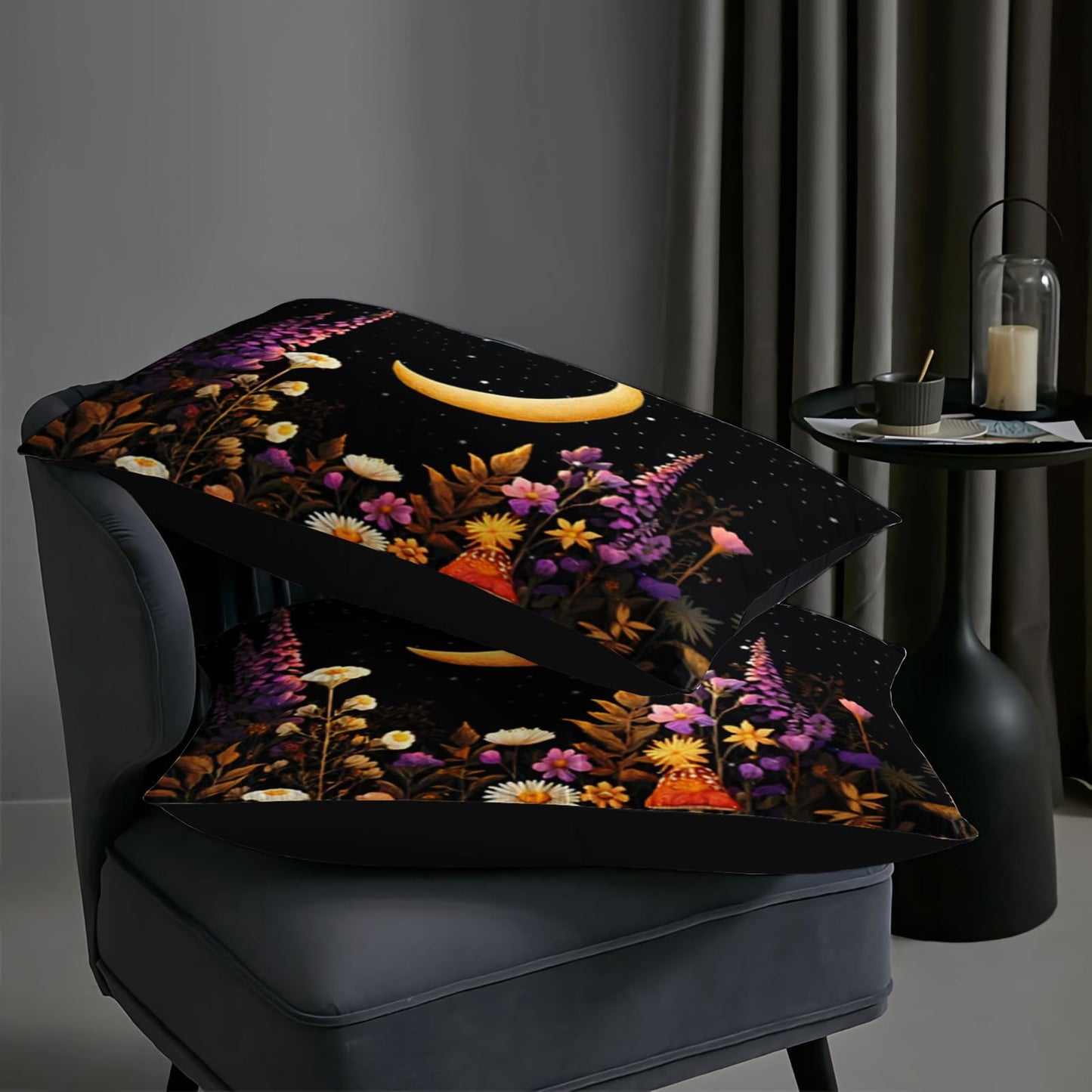 AILONEN Crescent Moon Garden Twin Comforter Set 3 Piece, Black Wildflower Bedding, Starry Mushroom Meadow, Dorm Bedroom, 2 Pillowcases