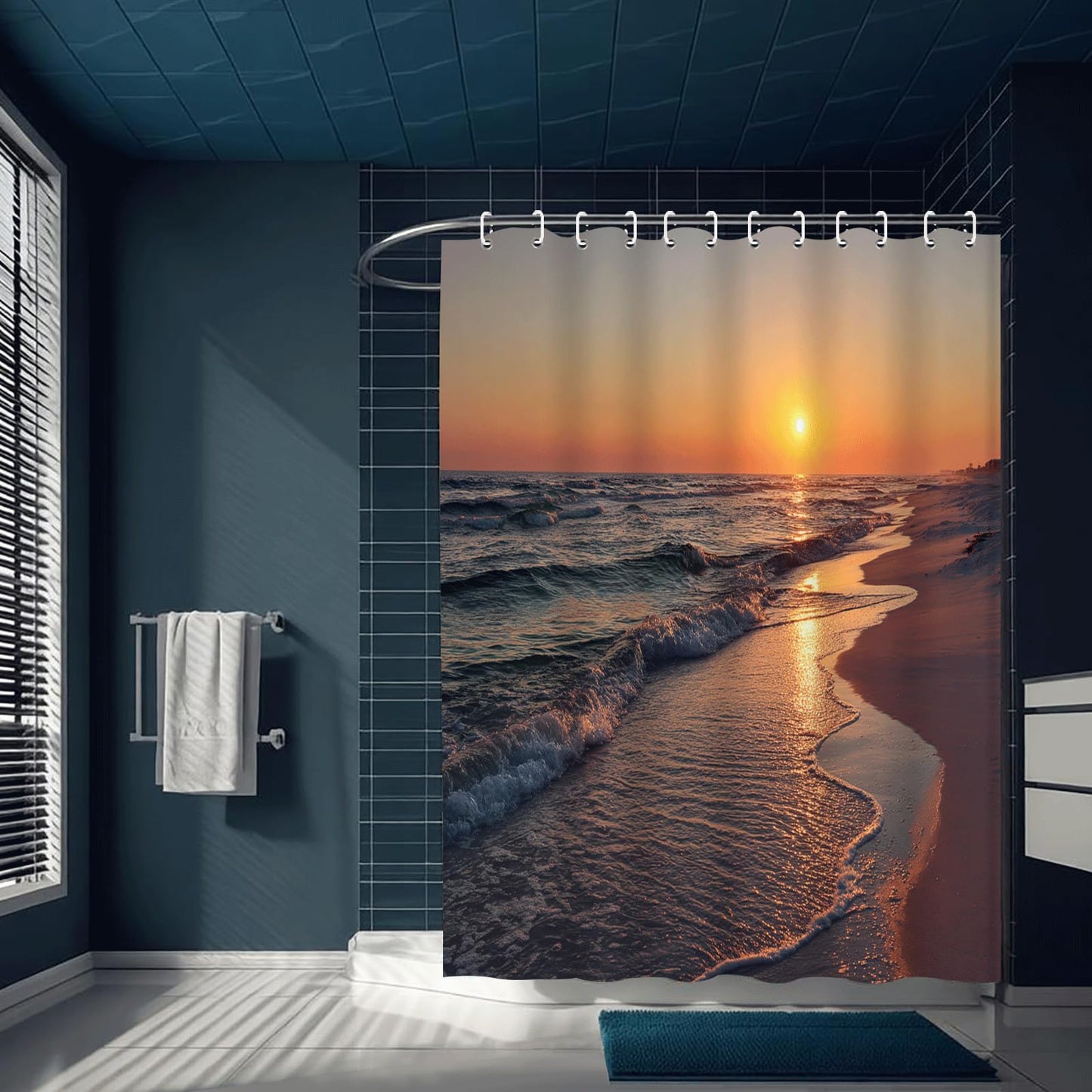 ZROLUW Ocean Beach Shower Curtain -72" W x 72" L Sunset Waves Nature Landscape Water Repellent Shower Curtain Set, Machine Washable, Modern Decorative Polyester Cloth Shower Curtains for Bathroom