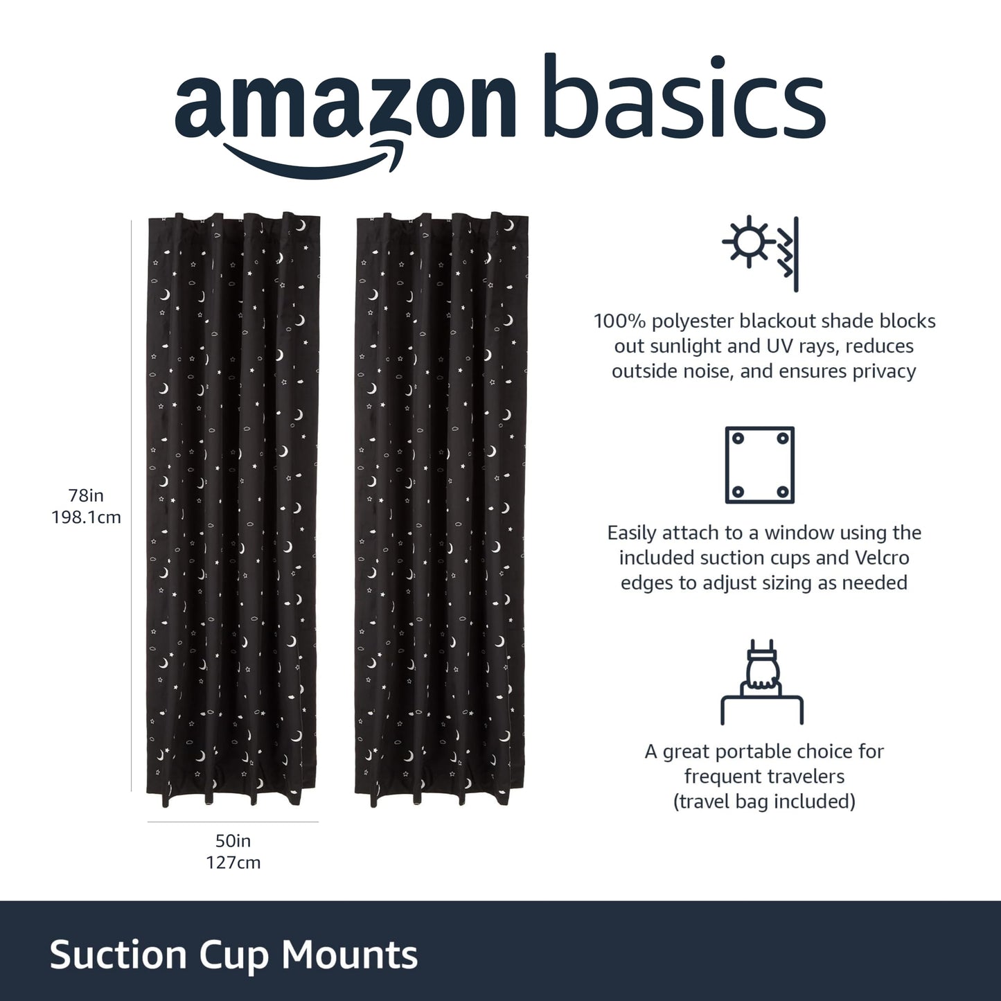 Amazon Basics Portable Blackout Curtain Shade with Suction Cups for Window, Noise Reducing, Energy Saving, 50"W x 78"L, Moon and Stars, 2-Pack