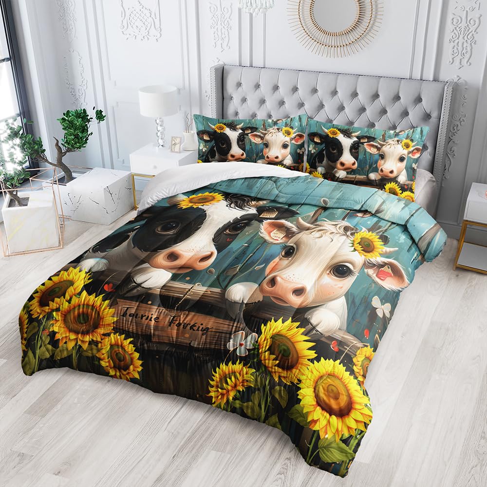 XYNHML Cute Cow Print Comforter Set Twin Size Sunflower Highland Cow Bedding Set Farm Animals Cow on Fence Quilt Bed Set with 1 Comforter and 2 Pillowcases for Kids Boys Girls Room Decor, D-cow2