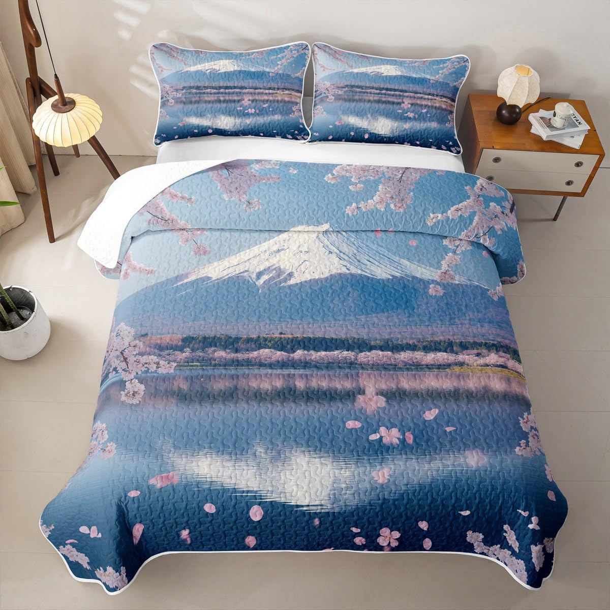 Erosebridal Cherry Blossoms Quilt Set Full Mount Fuji Quilt Japanese Style Bedding Coverlet Pink Flowers Bedspread Bedroom Decor