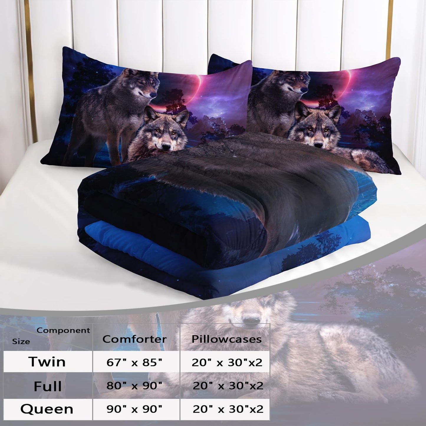 AILONEN Wolf Comforter Set Queen Size, Red Moon Outdoor Wolves Couples Bedding Set for Boys Girls,Woodland Forest Wild Wolves Duvet Set 3 Pieces, 1 Quilt and 2 Pillowcases