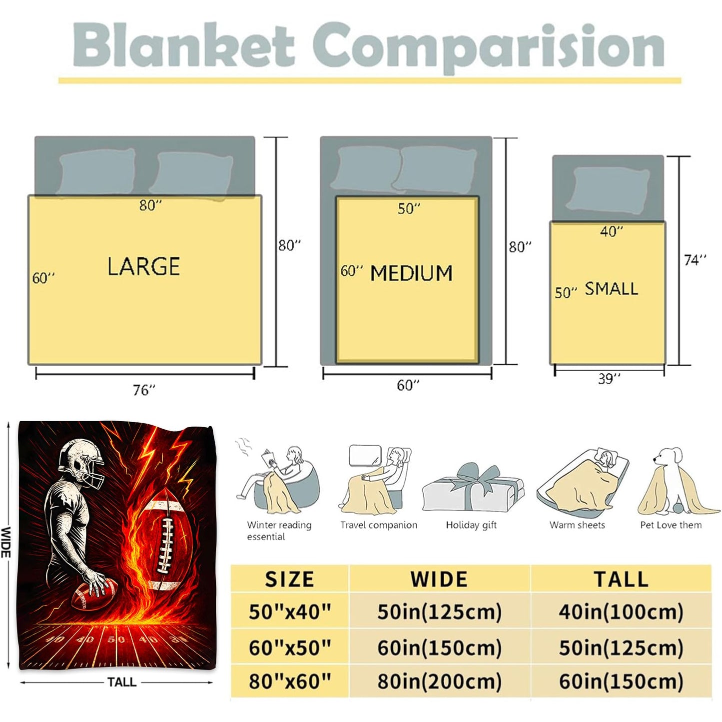 WKEDIN Football Blanket,50x60in,Cozy Flannel Throw with Fiery Balls and Player Sport Lightning Bolts Design,Soft Lightweight Gifts Blankets for Teens,Sofa Bed Travel Living Room Players Bold Decor