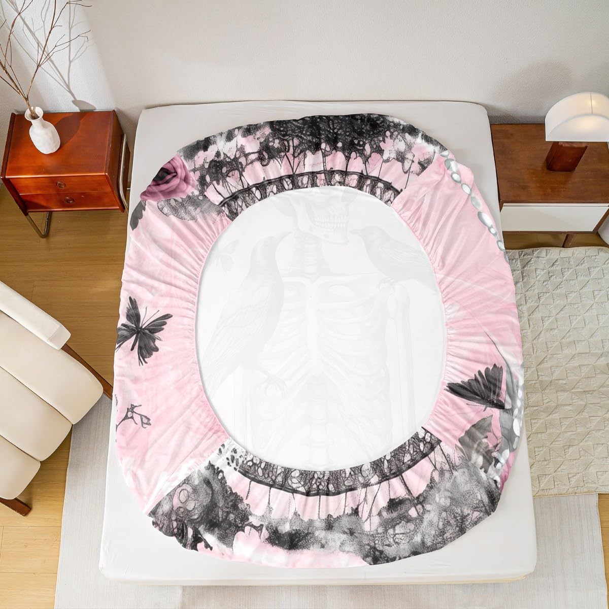 Erosebridal Gothic Crow Bed Sheets Set Full Raven Bird Flat Fitted Sheet Skull Skeleton Bones Bed Set for Kids Adult Women Men Bedroom Decor,Pink Halloween Horror Bedding Sets with 2 Pillow Cases
