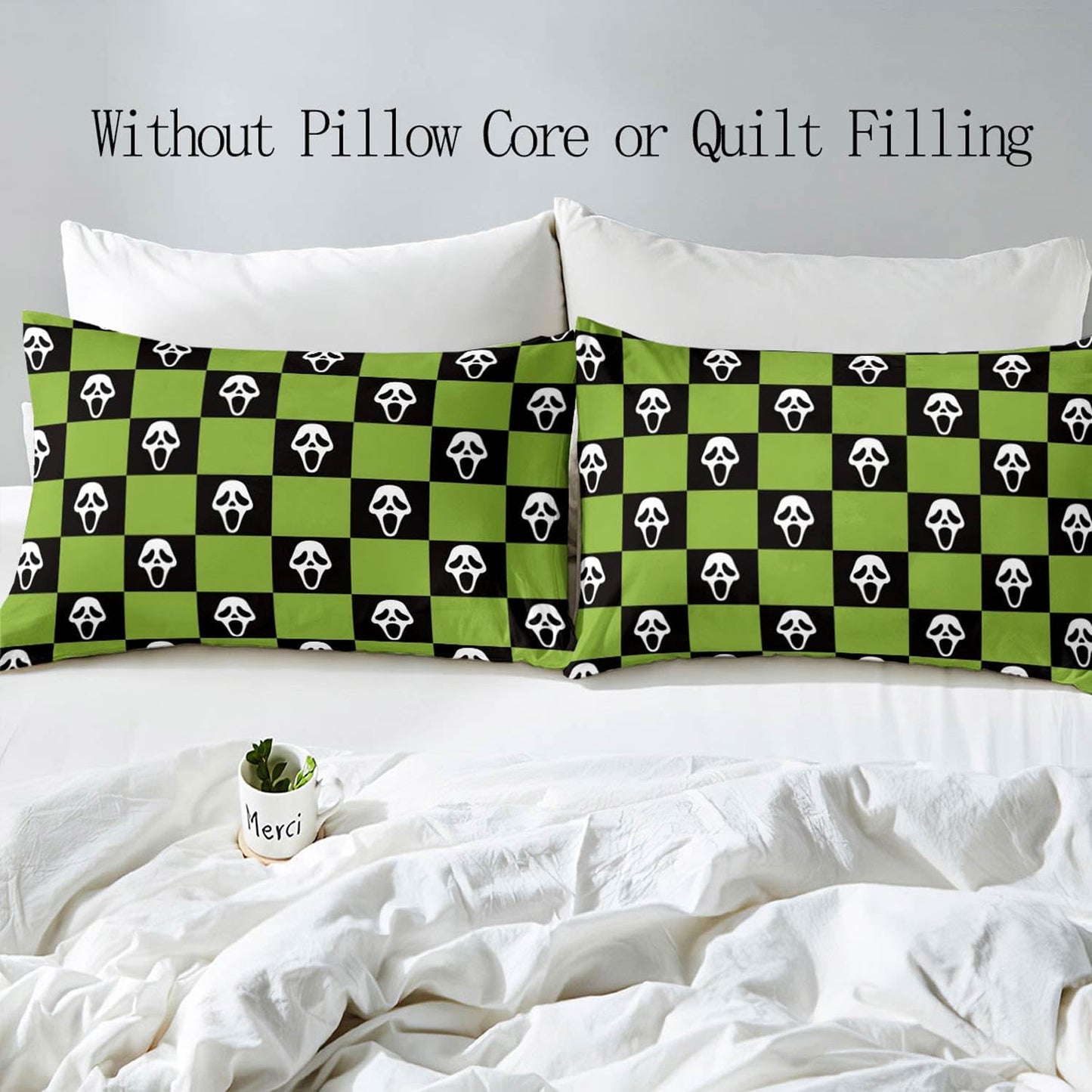 LUVIVIHOME 3PCS Spooky Face Duvet Cover Queen Bedding Sets, Green and Black Checkered Duvet Cover, Halloween Horror Scary Scream Ghost Grid Buffalo Plaid Comforter Cover, Bed in a Bag, 2 Pillow Cases