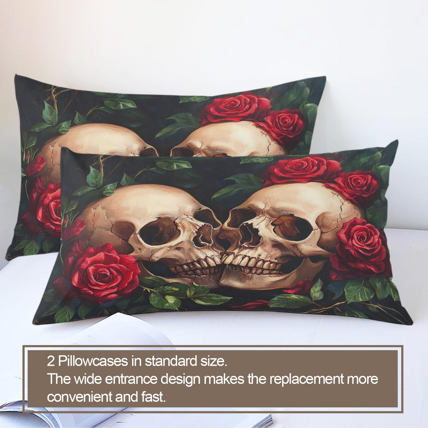 PAISUOQ Gothic Duvet Cover King Size, Hippie Skull Bedding Set, 3 Piece, Soft Microfiber Patterned Comforter Cover with Zipper Ties & 2 Pillowcase, Romantic Roses Bedroom Decor & Gifts