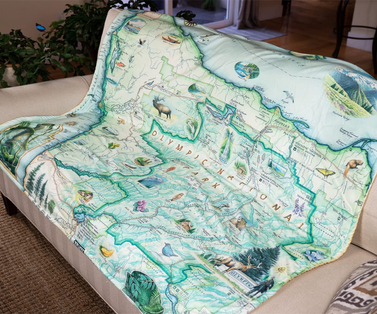 Xplorer Maps Olympic National Park Fleece Blanket | 58" x 50" Throw Blanket | Hand-Drawn Original Art |