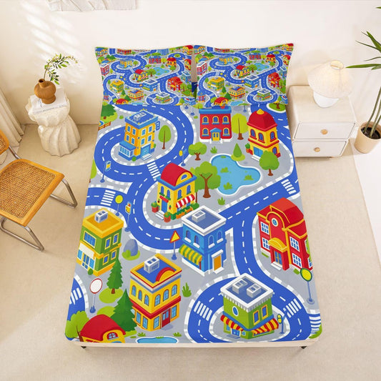 Manfei City Road Map Fitted Sheet Set Cartoon Town Houses Street Bedding Set for Kids Bedroom Adventure Educational Childlike Bed Sheet Set 3pcs Deep Pocket Mattress Cover,No Top Flat Queen Blue Gray
