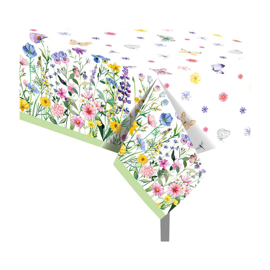 CC HOME 1Pc Blooming Wildflower Party Plastic Tablecloth 54 x 87 Inch Long Table Cover, Spring Butterfly Party Tablecover for Floral Theme Kids Baby Shower Birthday Dinner Picnic Kitchen Event