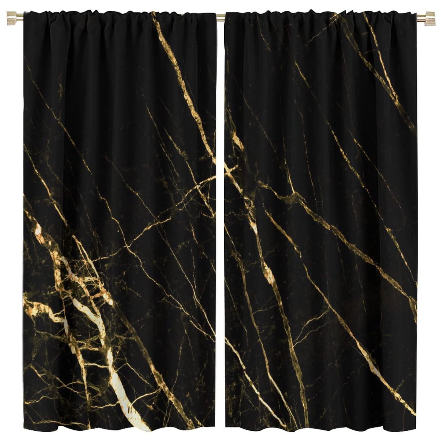 Luxury Black Gold Window Curtains,Golden Lines Marble Texture Modern Style Room Darkening Door Window Rod Pocket Curtain for Living Room Bedroom W42xL45in