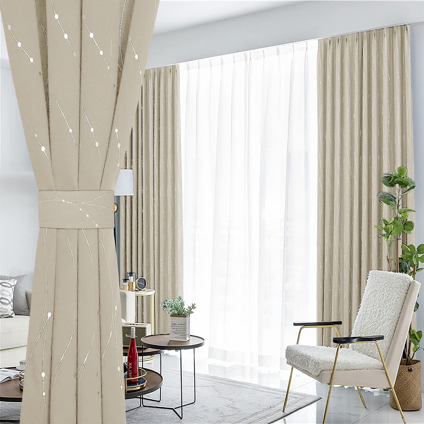 BUHUA Beige Curtains for Bedroom 84 Inch Length Silver Foil Print Light Blocking Curtains, Thermal Insulated Drapes, 38 x 84 Inch, Beige, 2 Panels