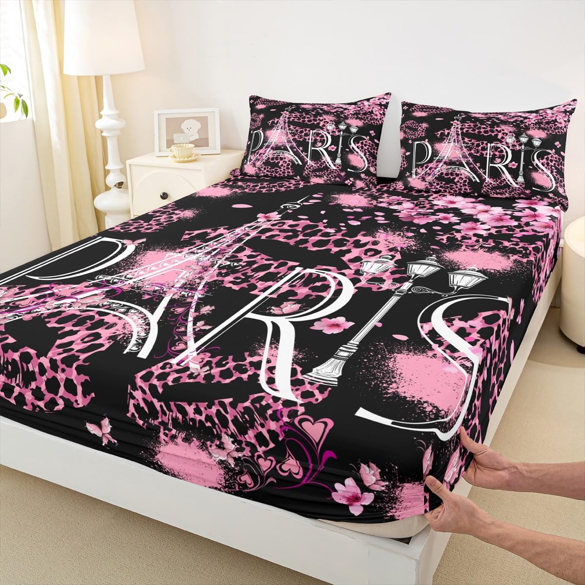 Homewish Eiffel Tower Sheet Set Full,Leopard Lips Bedding Set for Kids Teens Girls,Peach Blossom Pink Paris Romantic Bed Sheet Set 4pcs with Deep Pocket Fitted Sheet + Flat Sheet + 2 Pillowcases