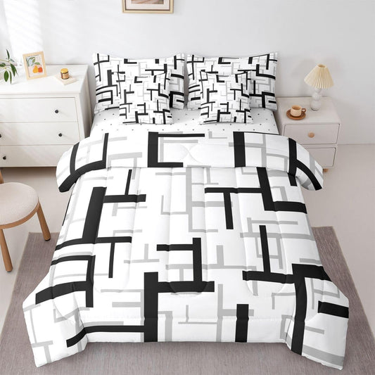 jejeloiu Geometric Comforter Set King Size 7 Pieces Black White Geometrical Bedding Set for Kids Boys Girls Stripe Line Bed in a Bag with Comforter, Sheets, Pillowcases, Cushion Covers Bedroom Decor