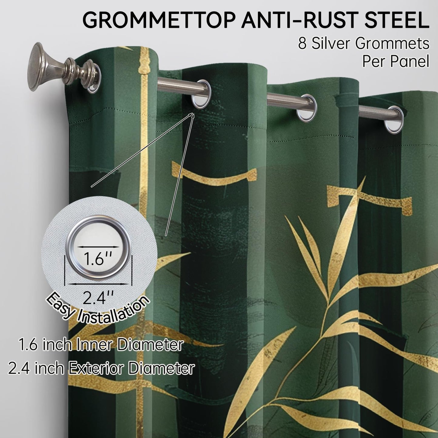 Mistwalk Gold and Green Bamboo Blackout Curtains for Bedroom & Living Room, 45 Inch Curtains 2 Panel Set, Room Darkening Thermal Insulated Grommet Drapes, Modern Art Zen Patterned Window Treatments
