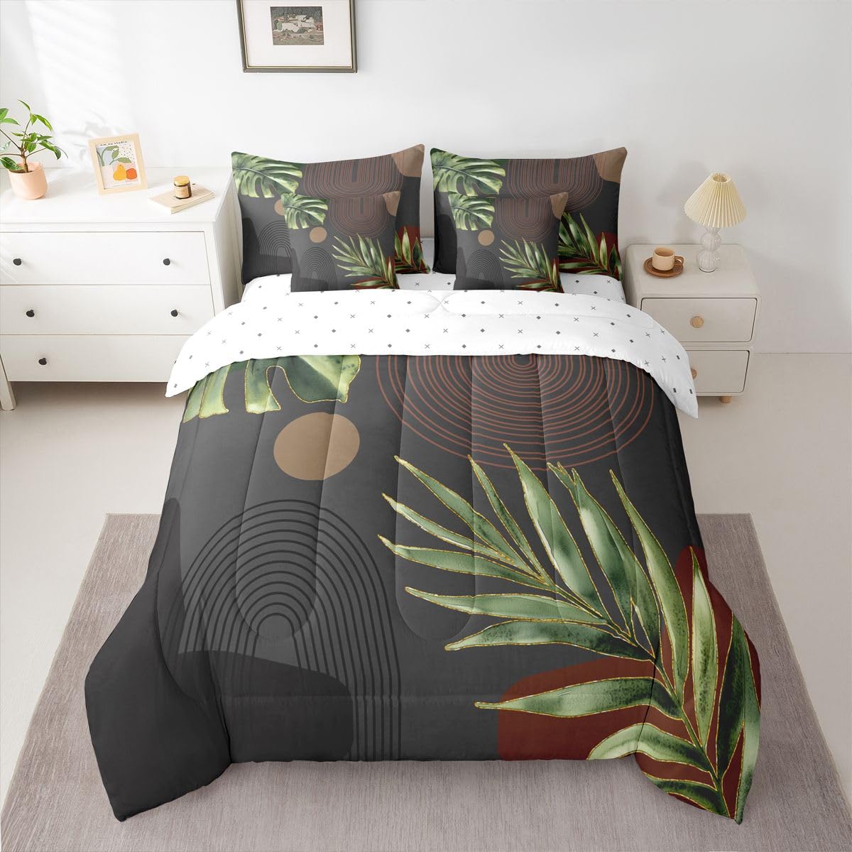 Erosebridal Black Green Brown Boho Full Comforter Set with Sheets, Abstract Mid Century Simple 7 Pcs Bedding Set, Retro Tropical Leaves Bed in A Bag, Modern Minimalist Aesthetic Geometric Bed Sets