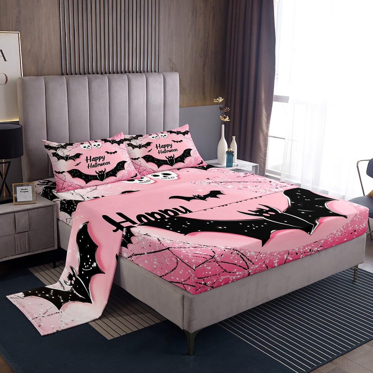 Feelyou Kids Happy Halloween Bed Sheets Set Full Size, Black Bat Bedding Set Boys Girls Pink Sheet Set Spider Web Teens Bedroom Decor Microfiber Soft Bed Set