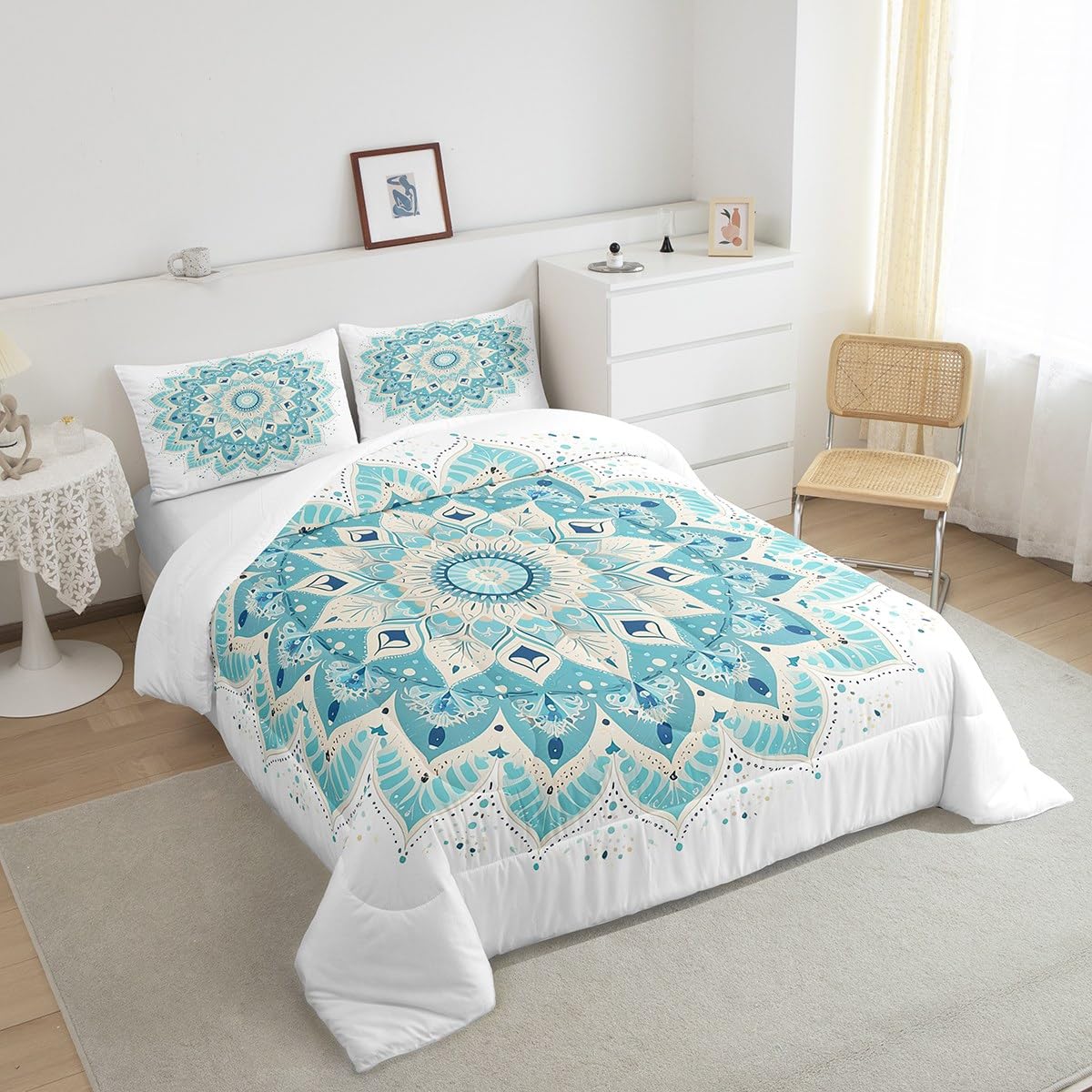 jejeloiu Hippie Mandala Bedding Set Full Size Kids Boho Mandala Comforter for Boys Girls Bohemian Style Comforter Set Green Duvet Set Room Decorations Quilt Set