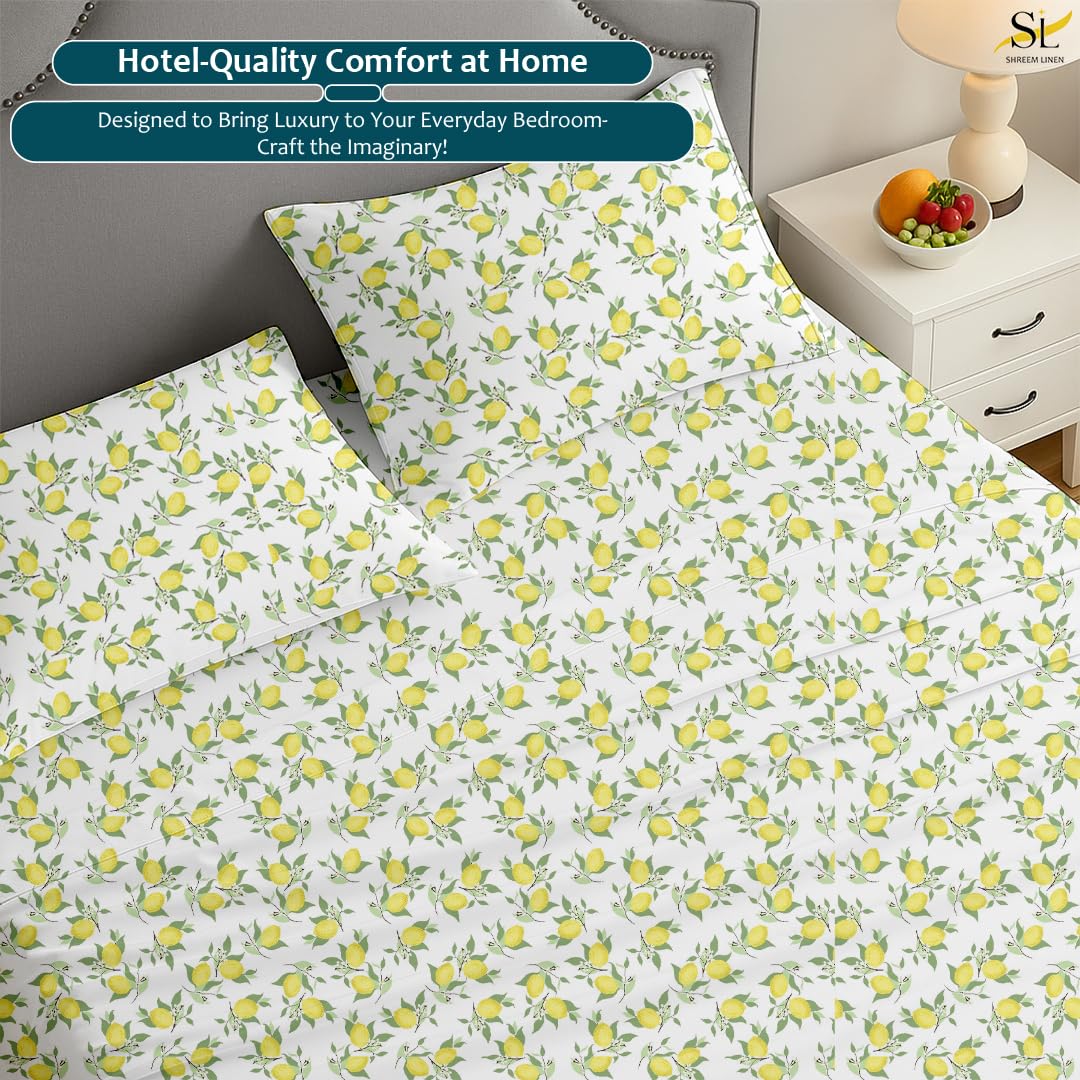 Shreem Linen Queen Sheet Set 4 Piece Bedding, Brushed Microfiber Soft Sheets for Queen Size Bed with Flat, Fitted Sheet, 2 Pillow Cases (LemonPop)